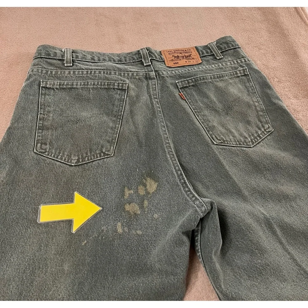Vintage Levi's 550 Orange Tab Jeans Green W38 L32 Cotton‎ USA Flawed Stains